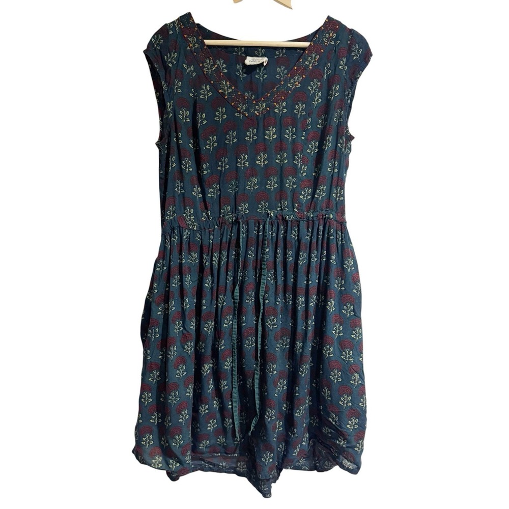 Mata Traders Women Medium Dark Blue Block Print Floral A Line Everyday Dress Mid - Picture 1 of 5